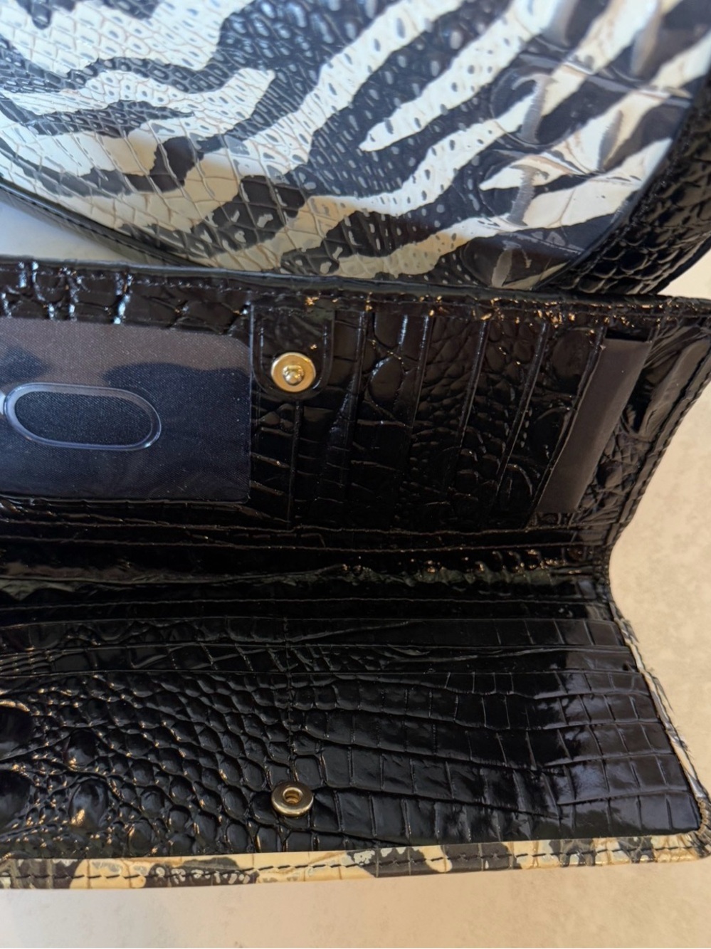 Zebra-Print Croc-Embossed Shoulder Bag with Matching Wallet - Black & Cream - Picture 9 of 12
